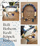 İkili Kedi Köpek Boyun Tasması Bohem Kedi Kolyesi Yaylı Kilit - Açık Mavi