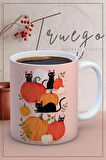Baskılı Kupa Bardak Seramik Mug - Halloween Kedi ve Balkabağı