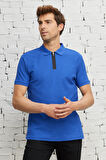 Erkek Saks Mavi Slim Fit Dar Kesim Polo Yaka %100 Pamuk Petek Desenli Kısa Kollu Tişört
