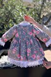 Dantel Süslemeli Çiçek Desenli Nervürlü Kız Çocuk Bebek Elbise