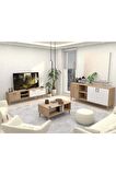 Mezza SET 1585-2074-1624 EXXEN (AHŞAP AYAKLI) TV ÜNİTESİ - ORTA SEHPA - KONSOL SETİ SEPET - BEYAZ