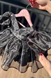Kalp Yaka Parlak Kız Çocuk Bebek Abiye Siyah Organze Elbise