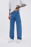 Erkek Yıkamalı Kargo Cepli Baggy Fit Jean Pantolon Koyu Mavi