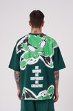 Erkek Lotus Flower Baskılı Oversize Tişört Yağ Yeşili
