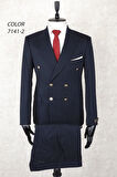 Kruvaze Metal Düğme Geniş Sivri Yaka Slim Fit Çift Yırtmaç Lacivert Drop 6 Takım Elbise
