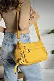 Çok Cepli Çapraz Askılı Kadın Omuz Çantası Orta Boy Günlük HV3007 Hardal