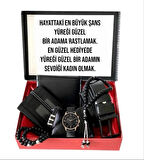 Erkek Set Siyah Kol Saati-Cüzdan-Kemer-Kartlık-Harfli Tesbih- 3 Adet Bileklik