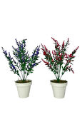 Yapay Çiçek Krem Saksıda 2 Adet Lavanta Mor Ve Kırmızı Renk 28cm