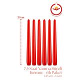 Kırmızı Renkli Konik Şamdan Yemek Mumu, 7,5 Saat Yanma Süreli, 24,5 Cm (6'Li Paket)