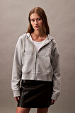 Kadın Boyfriend Fit Kapüşonlu Fermuarlı Logolu Sweatshirt - Gri | M