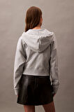 Kadın Boyfriend Fit Kapüşonlu Fermuarlı Logolu Sweatshirt - Gri | M