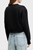 Kadın Cropped Fit Logo Patch'li Sweatshirt - Siyah | XL