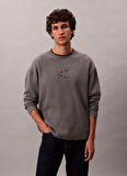 Calvin Klein Jeans Bisiklet Yaka Relaxed Düz Gri Erkek Kazak LV04RD300GP7E LS EMBOSSED LOGO CREW