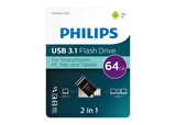 Flash Bellek 64 GB Mini Usb Ve Type-C 3.1 Philips Gece Siyahı