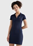 Tommy Jeans DW0DW12877C87 Polo Yaka Regular Fit Mavi Kadın Diz Üstü Elbise