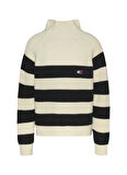 Tommy Jeans Dik Yaka Standart Çizgili Bej - Siyah Kazak Kadın TJW STRIPE MOCKNCK BADGE SWEATER