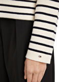 Tommy Hilfiger V Yaka Standart Çizgili Lacivert - Beyaz Kazak Kadın BRETON GOLD BUTTON OVRLP CARDI