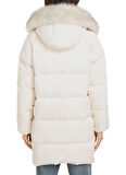 Tommy Hilfiger Beyaz Kadın Şişme Mont MW DOWN SHIMMER COAT WITH FUR