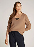 Tommy Hilfiger V Yaka Normal Kahve Kazak Kadın WW0WW44452RBC