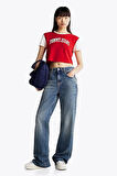 Tommy Hilfiger Kadın Kırmızı Logolu  Crop T-Shirt