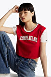 Tommy Hilfiger Kadın Kırmızı Logolu  Crop T-Shirt