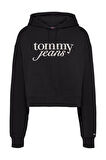 Kadın Tjw Script Logo Kapüşonlu Sweatshirt - Siyah | S
