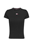 Tommy Jeans Bisiklet Yaka Düz Siyah Kadın T-Shirt TJW SLIM BADGE RIB TEE