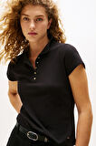 Kadın Tam Kalıp Altın Renk Düğmeli Polo Yaka T-Shirt - Siyah | M