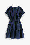 Kız Çocuk Yarım Patlı Beli Lastikli Elbise - Lacivert | 7 Yaş