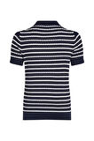 Kadın Tam Kalıp Polo Yaka Çizgili Saç Örgüsü Triko - Lacivert/Beyaz | XL