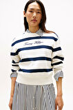 Tommy Hilfiger Kadın Yazı Baskılı Normal Kesim Pike Beyaz Kazak WW0WW457430FG