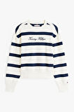 Tommy Hilfiger Kadın Yazı Baskılı Normal Kesim Pike Beyaz Kazak WW0WW457430FG