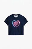 Kız Çocuk Kalp Baskılı Relax Fit T-Shirt – Lacivert | 7 Yaş