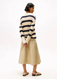 Tommy Hilfiger Yuvarlak Yaka Standart Çizgili Bej Kazak Kadın WW0WW444810AN