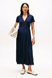 Kadın 1985 Midi Kruvaze Eteği Piliseli Polo Elbise - Lacivert | M