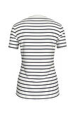 Kadın Bisiklet Yaka Çizgili Pamuklu T-shirt - Beyaz/Lacivert | M