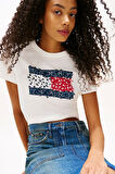 Tommy Jeans Kadın Çiçekli Bayrak Desenli Beyaz T-shirt DW0DW20897YBL