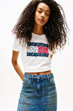 Tommy Jeans Kadın Çiçekli Bayrak Desenli Beyaz T-shirt DW0DW20897YBL
