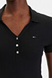 Kadın Polo Yaka Fit & Flare Kesim Fitilli Elbise - Siyah | S