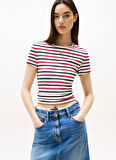 Tommy Jeans Yuvarlak Yaka Çizgili Lacivert - Kırmızı - Beyaz Kadın T-Shirt DW0DW173830FG