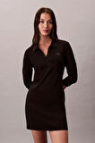 Kadın Regular Fit Polo Yaka Fitilli Mini Elbise - Siyah | S