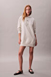 Kadın Rahat Kalıp Kapüşonlu Sweatshirt Elbise - Bej Melanj | M
