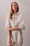 Kadın Rahat Kalıp Kapüşonlu Sweatshirt Elbise - Bej Melanj | M