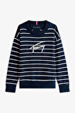 Erkek Çocuk Çizgili Yuvarlak Yaka Triko Kazak – Lacivert | 8 Yaş