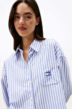 Kadın Çizgili Uzun Kollu Pamuklu Gömlek – Mavi Beyaz | M