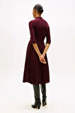 Kadın Fitilli Beli Büzgülü Eteği Piliseli Midi Elbise - Bordo | M