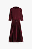 Kadın Fitilli Beli Büzgülü Eteği Piliseli Midi Elbise - Bordo | L