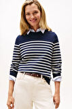 Kadın Regular Fit Omuzu Gold Düğmeli Çizgili Triko Kazak - Lacivert | M