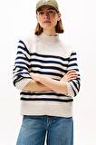Kadın Regular Fit Yarım Balıkçı Yaka Çizgili Triko Kazak - Krem/Lacivert | M