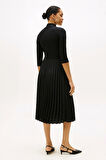 Kadın Fitilli Beli Büzgülü Eteği Piliseli Midi Elbise - Siyah | XS